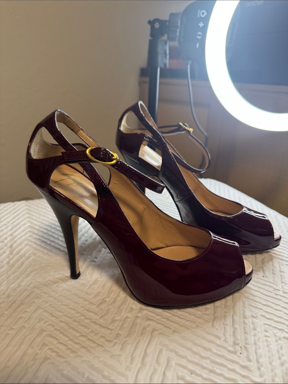 Giuseppe Zanotti Burgundy Patent Peep-Toe Ankle-Strap Stilettos